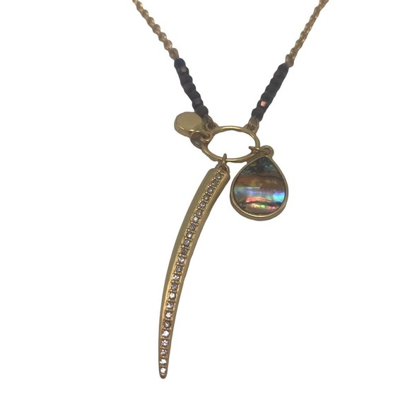 Sole-Society Abalone Long Beaded Rhinestone Gold Tone Fashion Necklace - Picture 7 of 8